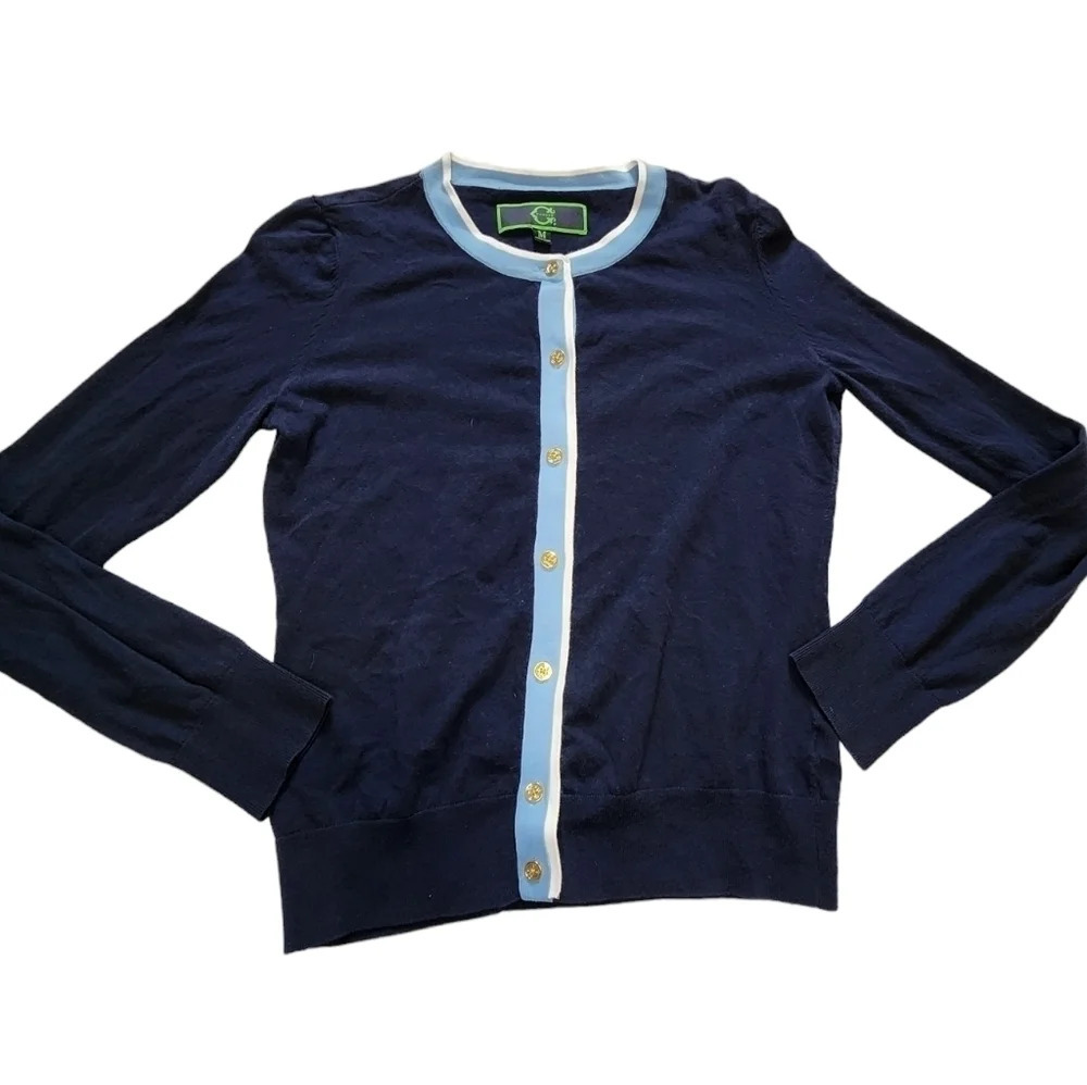 C Wonder Navy Cardigan with Stripes Size Medium Button Up 100% Cotton